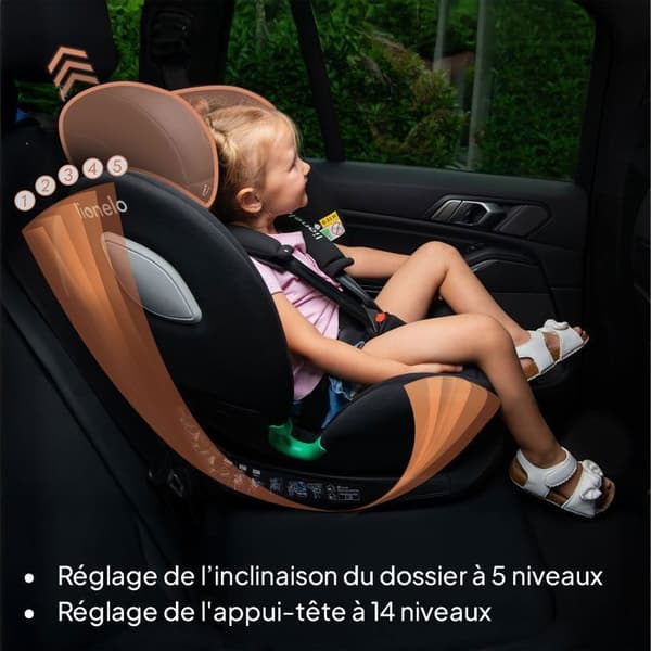 LIONELO Braam iSize justerbar bilbarnstol - Från 0 till 36 Kg - Grupp 0/1/2/3 - 360° ISOFIX-teknik - Svart