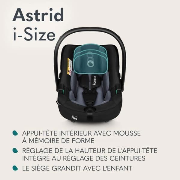 Bilbarnstol 40-87 cm LIONELO Astrid i-Size - Babyskydd - ADAC - Lätt - 0-13 kg - Grupp 0+ - Svart