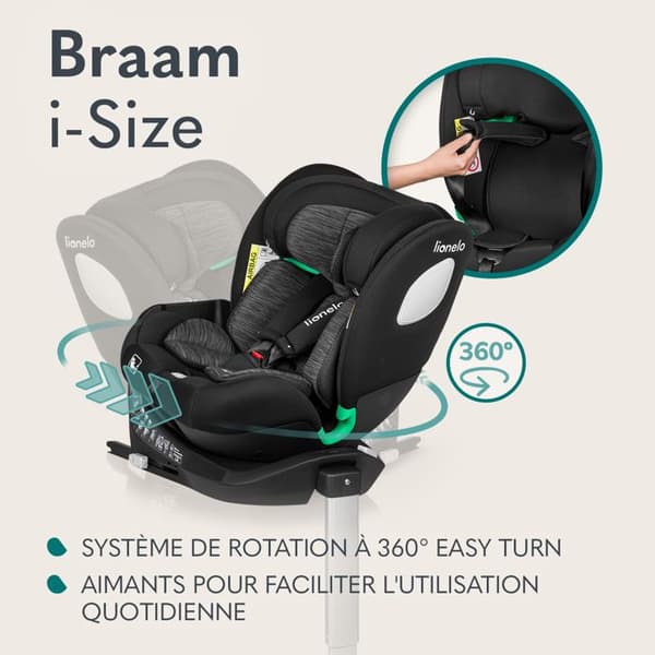 Bilbarnstol 360° LIONELO Braam iSize - ISOFIX - Svängbar bas 360° - 40-150 cm - Grupp 0/1/2/3 - Svart