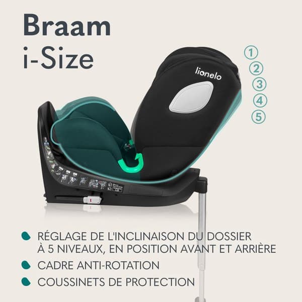 Bilbarnstol 360° LIONELO Braam iSize - ISOFIX - Svängbar bas 360° - 40-150 cm - Grupp 0/1/2/3 - Svart