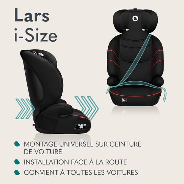 LIONELO Lars i-Size - Justerbar bilbarnstol - 100-150 cm - Grupp 2/3 - Höjdjusterbart nackstöd - Svart