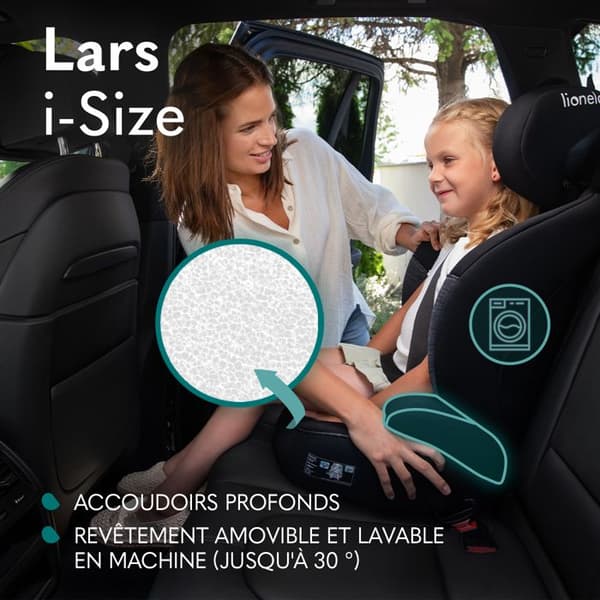 LIONELO Lars i-Size - Justerbar bilbarnstol - 100-150 cm - Grupp 2/3 - Höjdjusterbart nackstöd - Svart