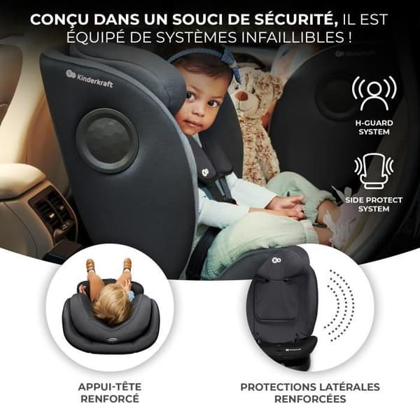 I-storlek 40-150 cm bilbarnstol - KINDERKRAFT I-360 - 360 vridbar stol - Integrerad bas med isofix - Sitslutning - Svart