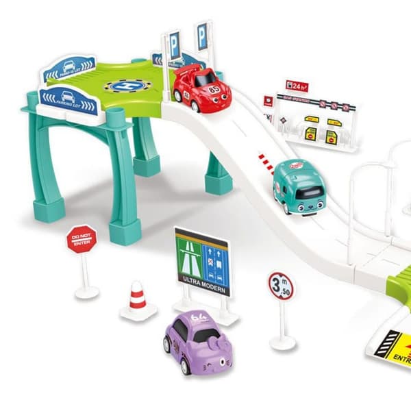 WOOPIE bilgarage med parkeringsbane, tankstation, vejskilte + 3 biler