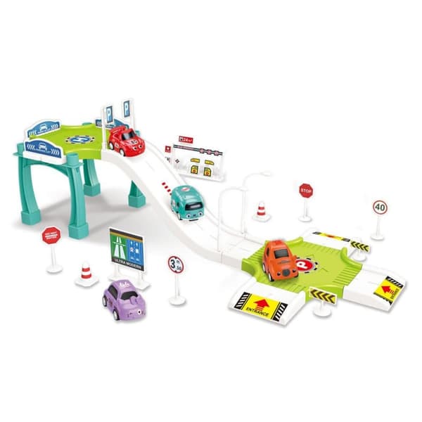 WOOPIE bilgarage med parkeringsbane, tankstation, vejskilte + 3 biler
