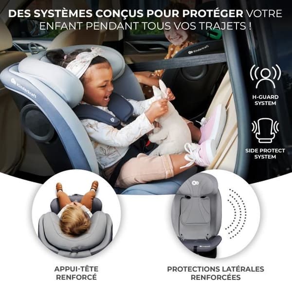 I-storlek 40-150 cm bilbarnstol - KINDERKRAFT I-GROW - 360 vridbar stol - Integrerad bas med isofix - Justerbart nackstöd - Grå