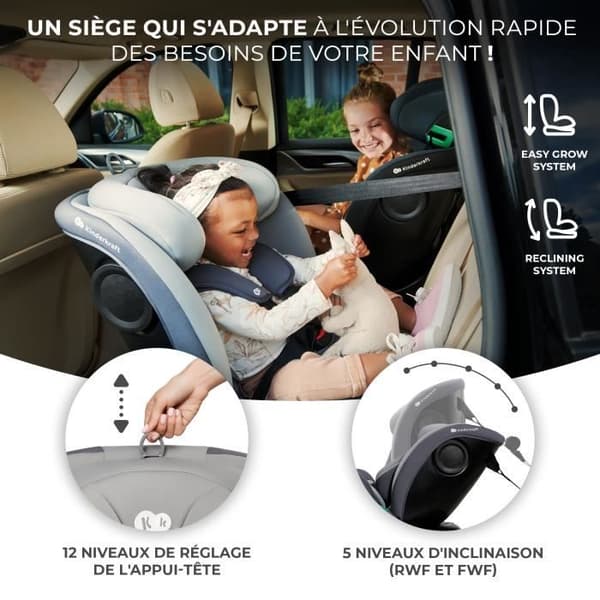 I-storlek 40-150 cm bilbarnstol - KINDERKRAFT I-GROW - 360 vridbar stol - Integrerad bas med isofix - Justerbart nackstöd - Grå