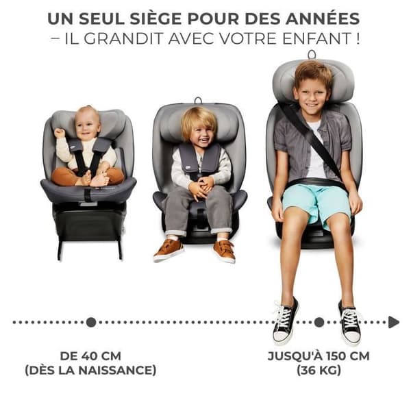 I-storlek 40-150 cm bilbarnstol - KINDERKRAFT I-GROW - 360 vridbar stol - Integrerad bas med isofix - Justerbart nackstöd - Grå