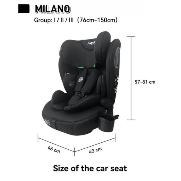 Isofix-bilbarnstol - NANIA - MILANO - Grupp 1/2/3 - I-storlek - Med förkortare - Svart