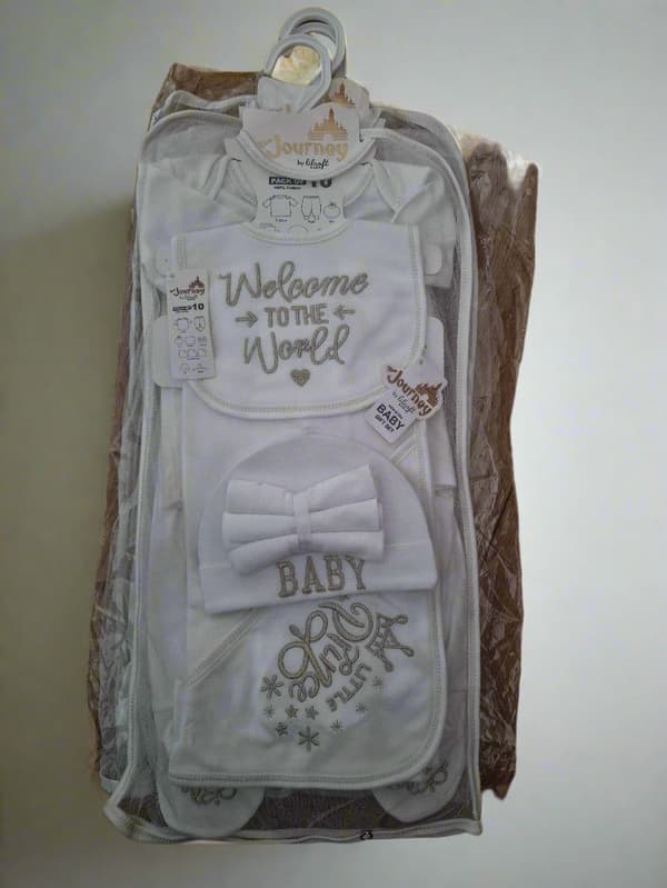 Newborn Baby Gift Set – ‘Welcome to the World’ Edition (10-Piece, 100% Cotton) Gold Lettering