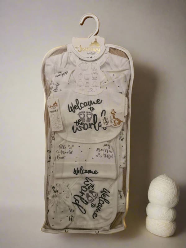 Welcome to the World" Footprint Design – 10-Piece Baby Gift Set (100% Cotton)
