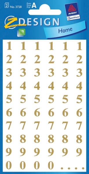 Avery AV-3728 Nummerlabel 2 ark Guld 10 sæt med 2 ark