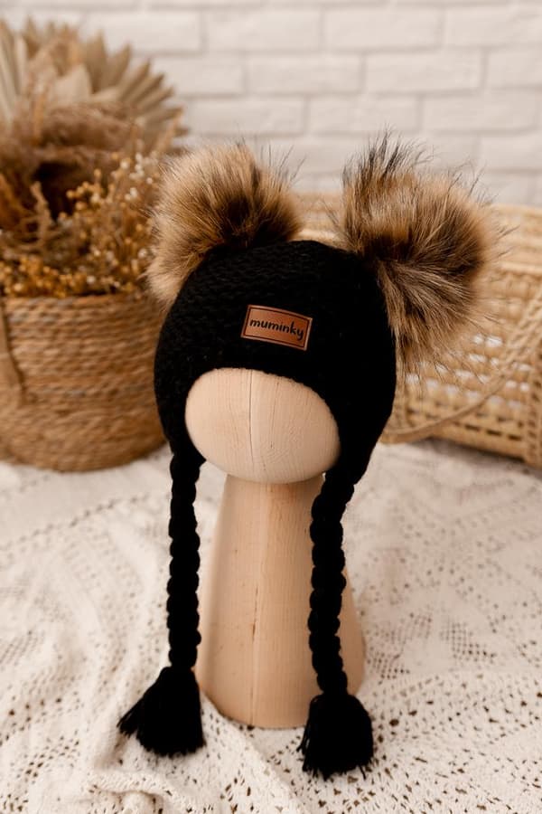Børnehue med pomponer Alpacauld | Sort