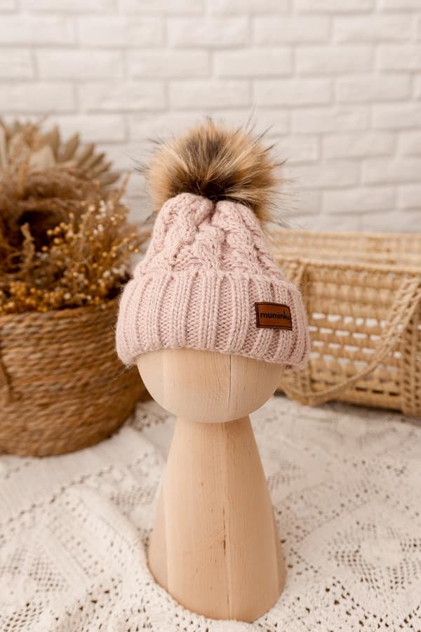 Børnehue med Pompom Alpacauld | Lyserød