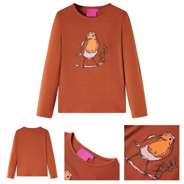 Langærmet T-shirt til børn str. 116 cognacfarvet -  Toppe til børn