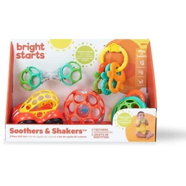 BRIGHT STARTS Gaveæske til fødsel, dåb, jul, 0 til 24 måneder, 5 O Boldlegetøj, rangle, bil, bidering