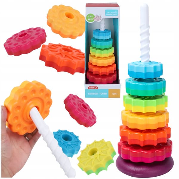 Vriden pyramid, spiral, färgglada tornblock, regnbåge, utbildning, 41 cm