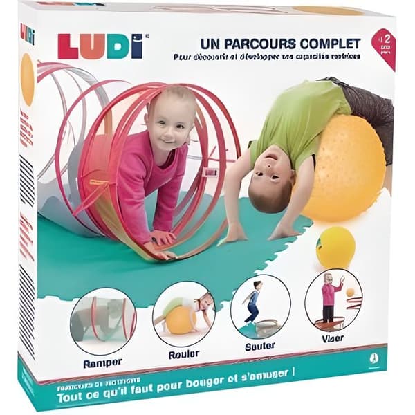LUDI Motricity-bana med lektunnel + 3 ringar + Large Spike Ball + Liten mjuk boll + 6 plattor golvmatta