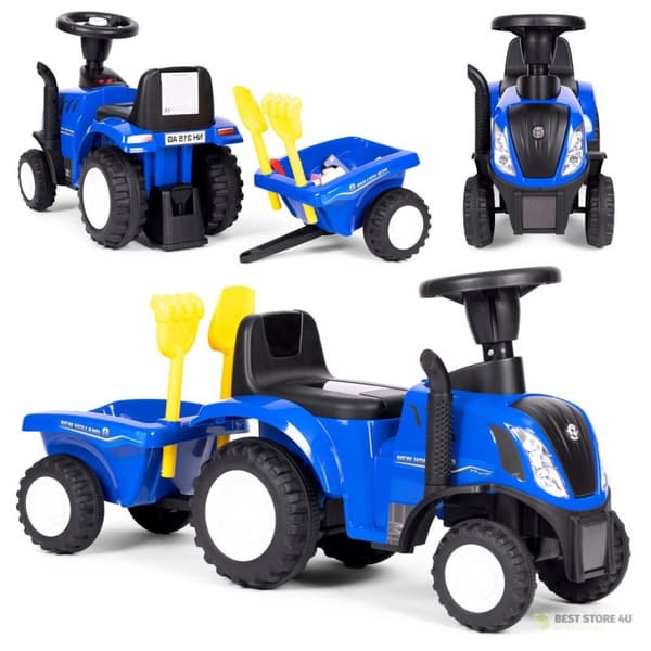 Åkbar New Holland-traktor med släpvagn för barn, interaktiv ratt med blått ljud