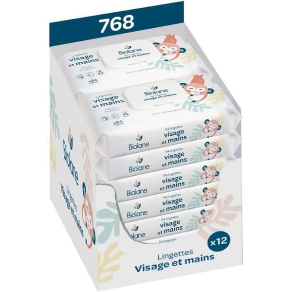 Baby wipes for face and hands - Biolane - Pack of 12 - 768pcs - Hypoallergenic - Made in France
