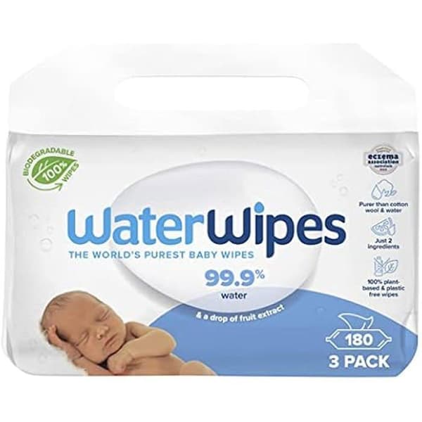 Babyservetter - WATERWIPES - 180 enheter - 99,9% organiskt vatten - Allergivänligt - Hygientestade