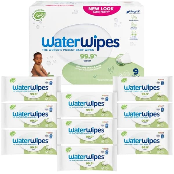 Fuktiga Tvättlappar - WaterWipes - BIO - 540 Tvättlappar - 100% Nedbrytbara - Skonsamma mot Bebisar