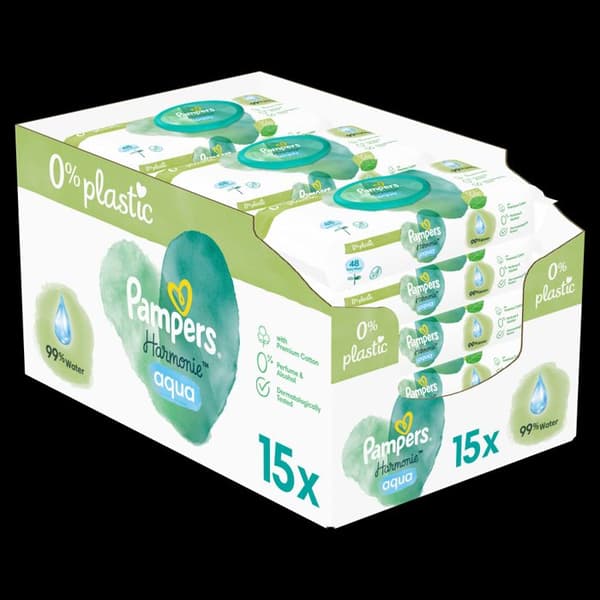Pampers Baby Wipes Aqua Harmonie 720 Wipes (Förpackning om 15 x 48) utan parfym eller alkohol 99% vatten och fibrer av vegetabiliskt ursprung