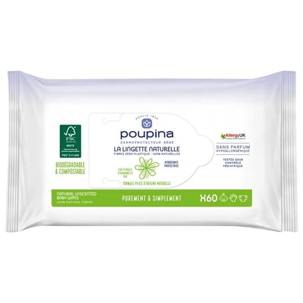 Naturliga våtservetter - POUPINA - Babyvård - 60 enheter - Hypoallergena - Nedbrytbara