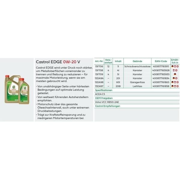 Motorolja - CASTROL - EDGE 0W-20 V - 1L