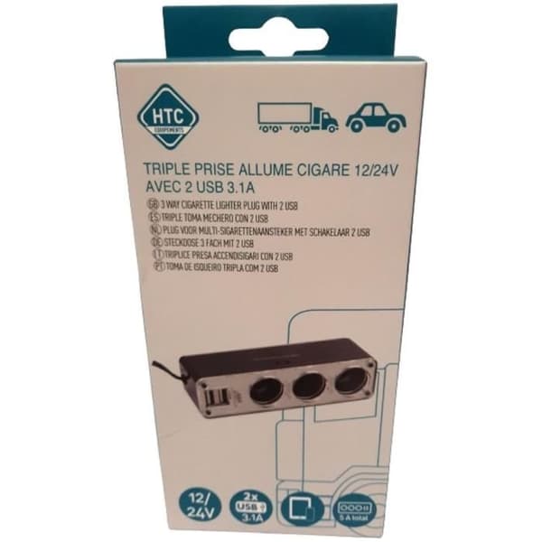 Trippel 12/24V cigarettändaruttag - HTC UTRUSTNING - Med två USB 3.1A Totalt