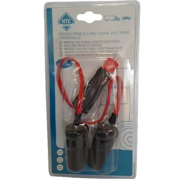 Dubbelt 12/24V cigarettändaruttag - HTC UTRUSTNING - Med 10A universaluttag och 20 cm röd kabel