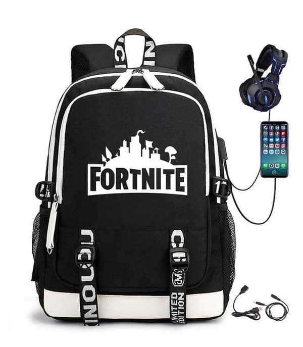 Fortnite Ryggsäck - Vattentät Skolväska med USB och Hörlursuttag