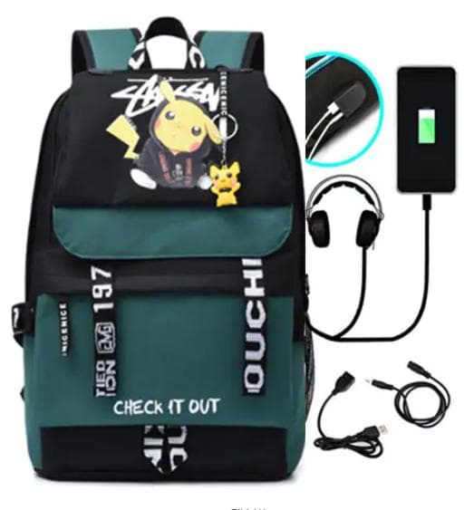 Pokemon Ryggsäck Vattentät Skolväska med USB och Hörlursuttag