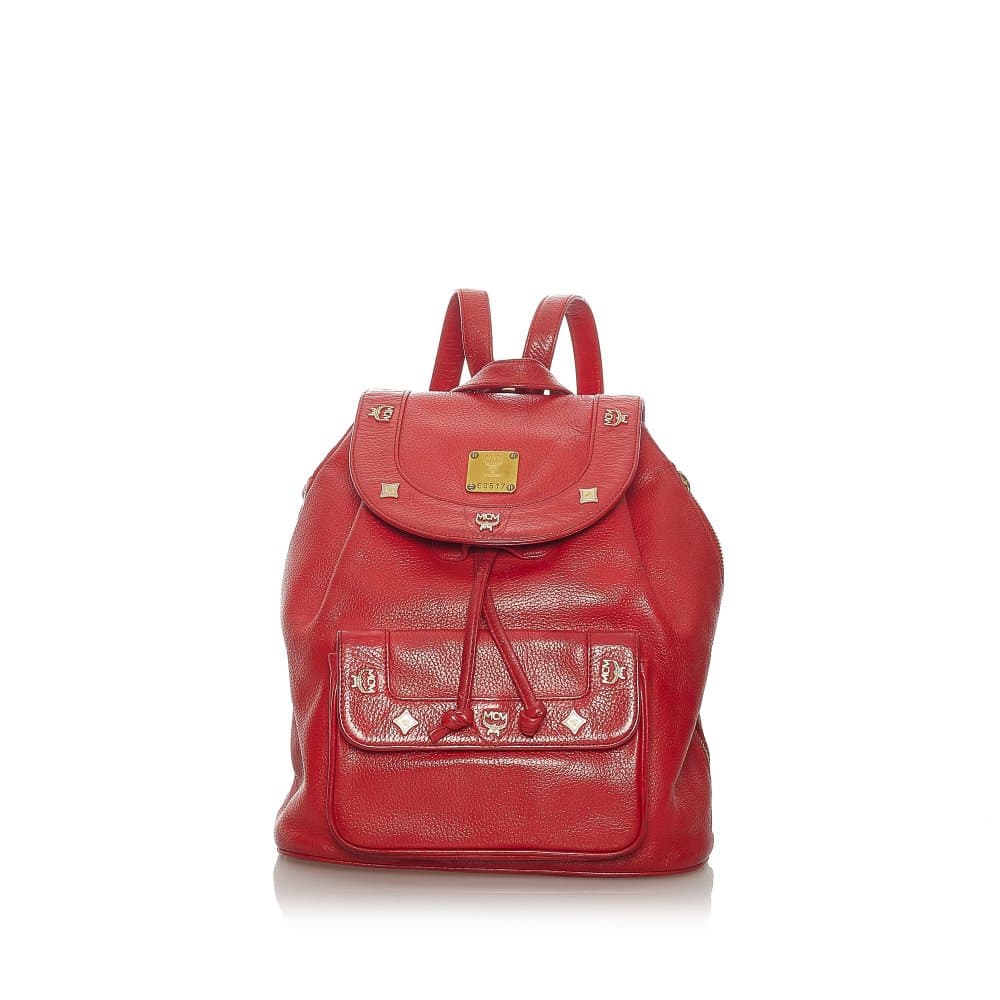 Pre-owned MCM Studded Leather Drawstring Backpack Red