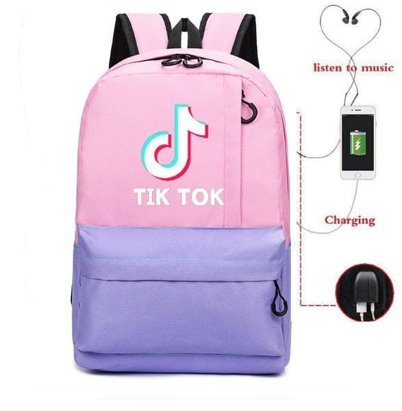 Vattentät Ryggsäck -TIK-TOK  skolväska med USB och Hörlursuttag