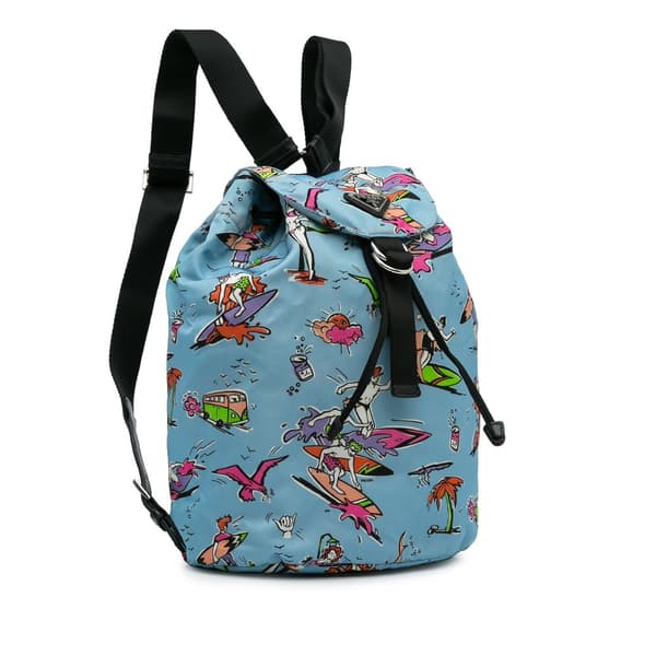 Pre-owned Prada Tessuto Stampato Drawstring Backpack Blue