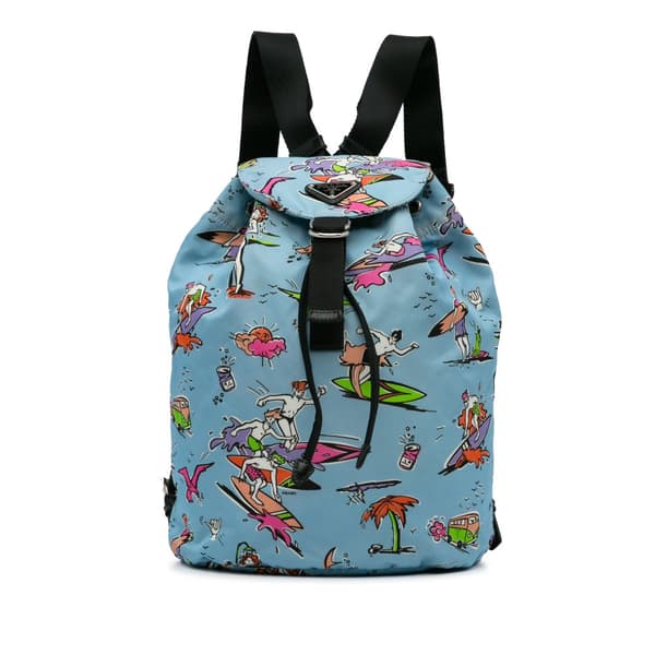 Pre-owned Prada Tessuto Stampato Drawstring Backpack Blue