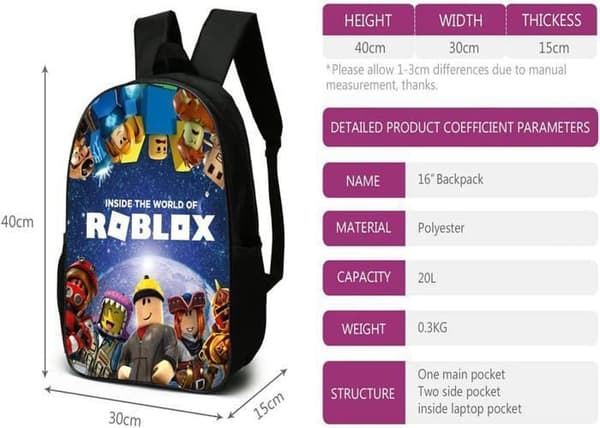 Roblox ryggsäck för pojkar med matlåda och pennfodral, skolryggsäck, datorryggsäck, 30*17*40 cm