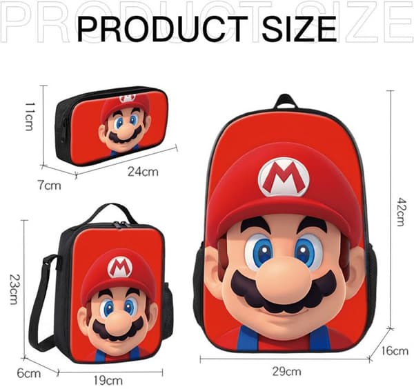 Tecknad ryggsäck 3 delar ryggsäck Set Laptopväska Reseryggsäck Game Fans, Mario Red