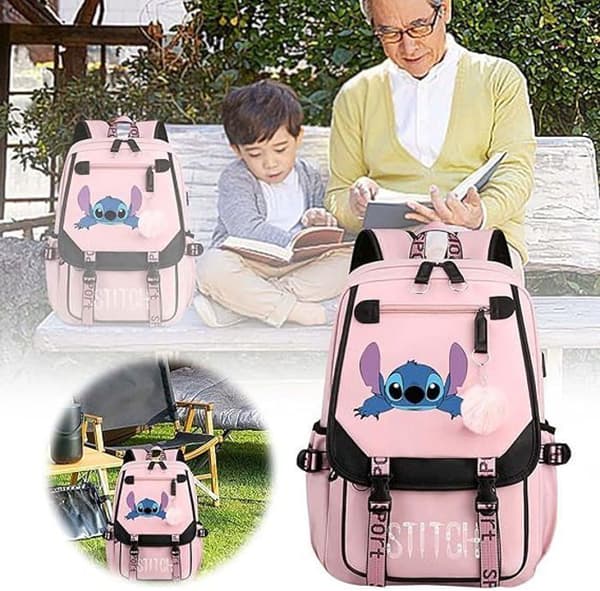 Stitch Premium skolryggsäck för pojkar och flickor med sidoficka i mesh och framficka, rosa (47x31x18 cm)