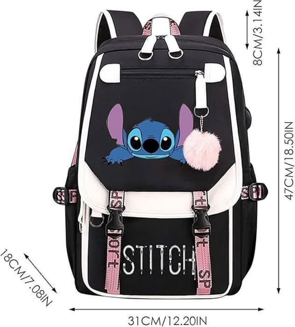 Stitch Premium skolryggsäck för pojkar och flickor med sidoficka i mesh och framficka, rosa (47x31x18 cm)