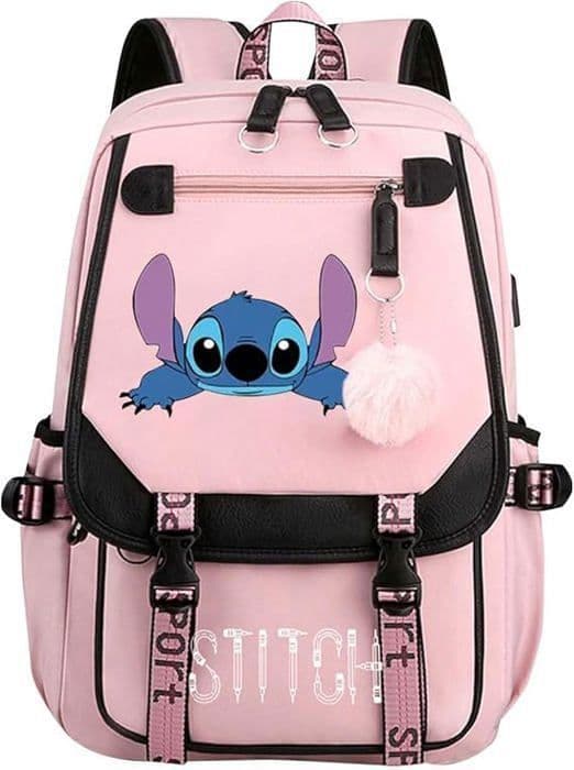 Stitch Premium skolryggsäck för pojkar och flickor med sidoficka i mesh och framficka, rosa (47x31x18 cm)