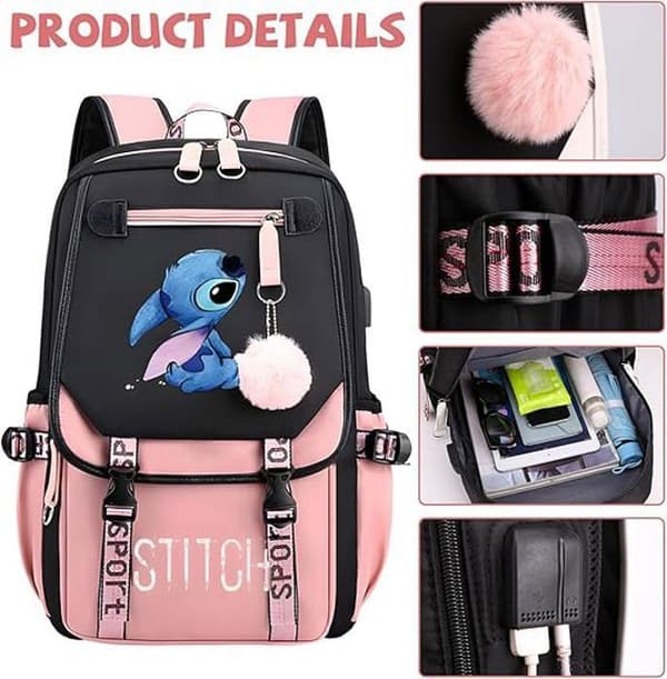 Stitch Ryggsäck, Barnryggsäck, Skolryggsäck, Skolryggsäck, för barn Tonåringar med 2 USB för barn, Rosa