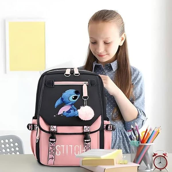Stitch Ryggsäck, Barnryggsäck, Skolryggsäck, Skolryggsäck, för barn Tonåringar med 2 USB för barn, Rosa