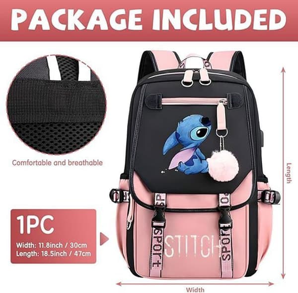 Stitch Ryggsäck, Barnryggsäck, Skolryggsäck, Skolryggsäck, för barn Tonåringar med 2 USB för barn, Rosa