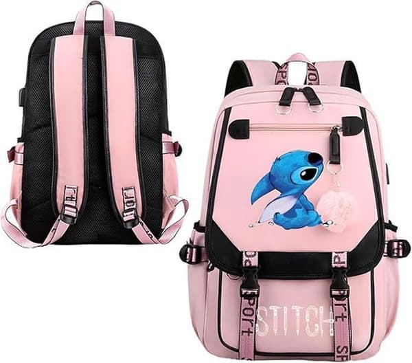 Stitch ryggsäck, barnryggsäck, skolryggsäck, skolryggsäck, för barn tonåringar med 2 USB-laddningar, rosa