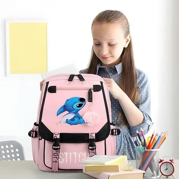 Stitch ryggsäck, barnryggsäck, skolryggsäck, skolryggsäck, för barn tonåringar med 2 USB-laddningar, rosa