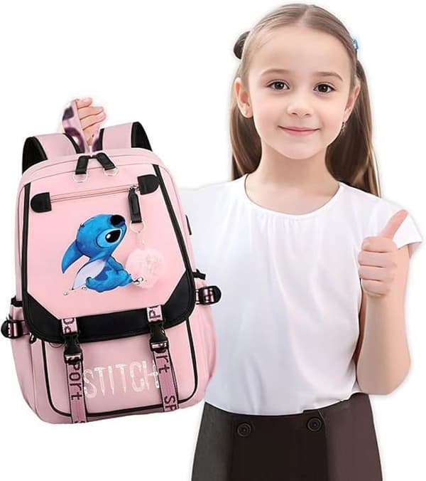 Stitch ryggsäck, barnryggsäck, skolryggsäck, skolryggsäck, för barn tonåringar med 2 USB-laddningar, rosa