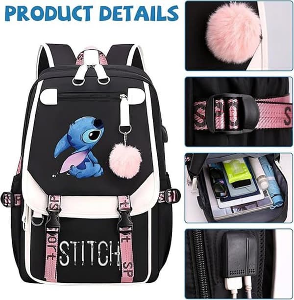 Stitch Drawing USB-skoleväska, ryggsäck med stor kapacitet, trendig tecknad ryggsäck, rosa och blå ledig ryggsäck