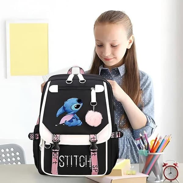 Stitch Drawing USB-skoleväska, ryggsäck med stor kapacitet, trendig tecknad ryggsäck, rosa och blå ledig ryggsäck